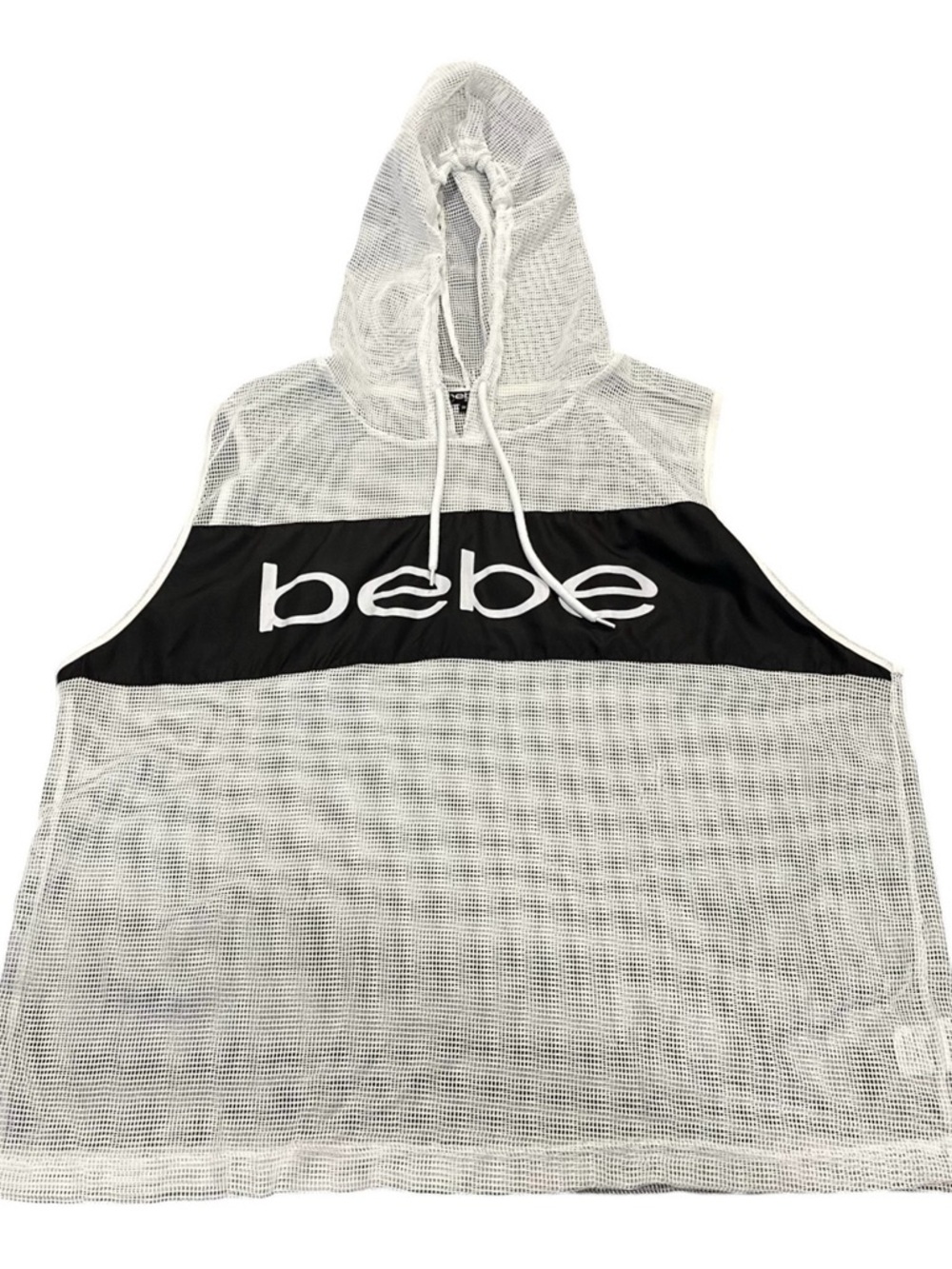 Vtg Bebe Sport Mesh Sleeveless Hoodie Y2K B&W Athleisure Top Workout Coverup 3XL - Picture 5 of 8
